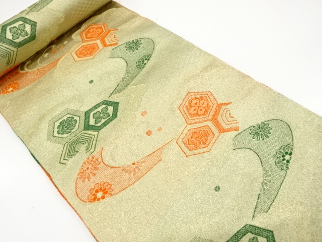 アンティーク　流水に花亀甲模様織り出し　名古屋帯地反物